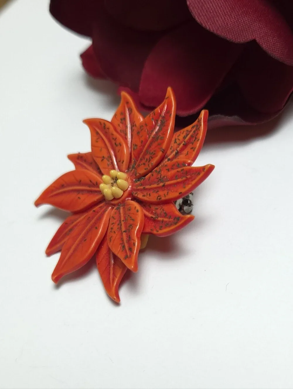 Vintage 1950s Poinsettia Flower Celluloid Acrylic Brooch Red Glitter Flower